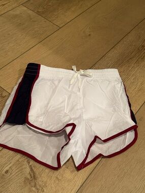 Vici White Athletic Shorts with Red Trim and Navy Side Panels